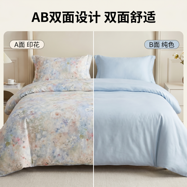 [主图 4] 天丝夏被四件套AB面展示图。[氛围风格] 轻奢整洁对称，高级生活化展示。[画质] 商业摄影质感、光线柔和通透、产品清晰真实、画面干净高级。[元素] 保持天丝夏被四件套两面颜色纹理和输入产预览效果