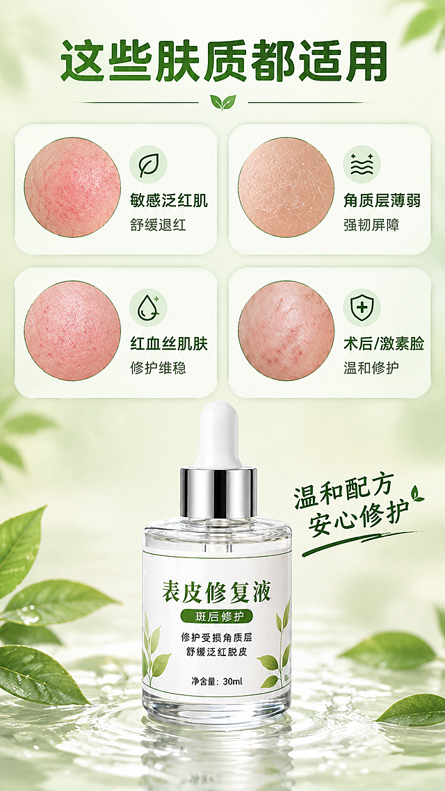 [商品] 使用【图1】透明滴管瓶表皮修复液；保留瓶身形状、白色滴管头、银色金属圈、白色标签、绿色叶子图案、瓶身文字；产品位于画面底部中央。
[画面] 页面目标：适用肤质与人群匹配，帮助消费者快速判断是否适合自己；采用肤质分格型版式，上方2×2网格展示4类适用肤质/困扰，每格为圆形肌肤微距+肤质名称+适用理由；下方中央放置产品图；背景为浅绿+米白渐变，带细腻纹理；三层视觉：前景产品瓶身、中景4个肤质卡片网格、后景浅渐变背景。
[视觉] 套系策略：风格=清新自然修护风，商业精修级美妆摄影；标题字=粗黑体，圆润有力；正文字=简洁无衬线体；主色=浅草绿+纯白+浅米色；背景延展=基于主色做深浅渐变、水光质感、细腻纹理延展；强调色=深森林绿，仅用于小面积图标、引线和重点标签；标题色=深森林绿；正文色=深灰绿；组件=圆角信息卡片、圆形肌肤图、细线引线；光影=均匀柔光，明亮通透。
[文字] 顶部主标题「这些肤质都适用」；4个分格卡片分别为：敏感泛红肌（舒缓退红）、角质层薄弱（强韧屏障）、红血丝肌肤（修护维稳）、术后/激素脸（温和修护）；底部产品旁文案「温和配方 安心修护」；文字均为横排。
[规格] 图片比例9:16竖版，4K分辨率，负向提示：黑金风格、极简风格、背景重复、产品变形、文字竖排、错字、医疗化表述、绝对化用语、优惠价格信息、治疗承诺。