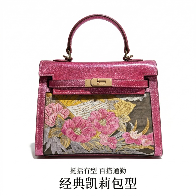 1:1竖版电商主图，商业级产品结构摄影，严格还原玫红色闪钻国风刺绣凯莉包的凯莉包型细节，包括包装设计、颜色、LOGO位置、文字内容、图案元素等所有细节，8K超清，极致锐利，专业影棚柔光，纯白色背景(H预览效果
