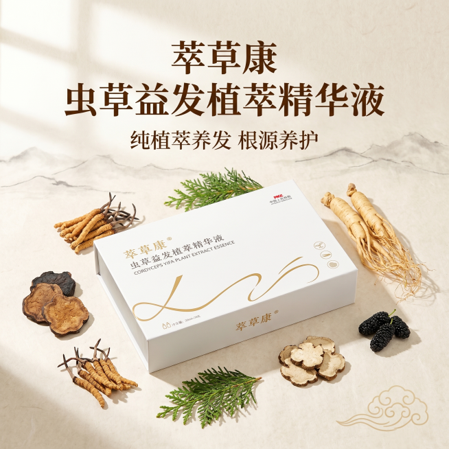 [主图 1] 新中式草本国风品牌调性首图，展示萃草康虫草益发植萃精华液产品。
[氛围风格] 新中式草本国风，天然纯净，高级雅致，纯净自然氛围感
[画质] 商业摄影质感，光线柔和通透，产品清晰真实，画面预览效果