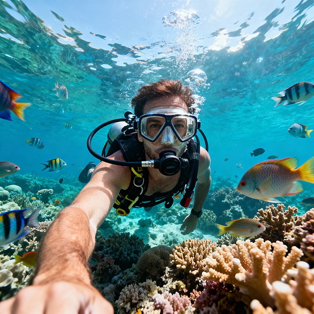 生成一张外国人在潜水的第一视角图片