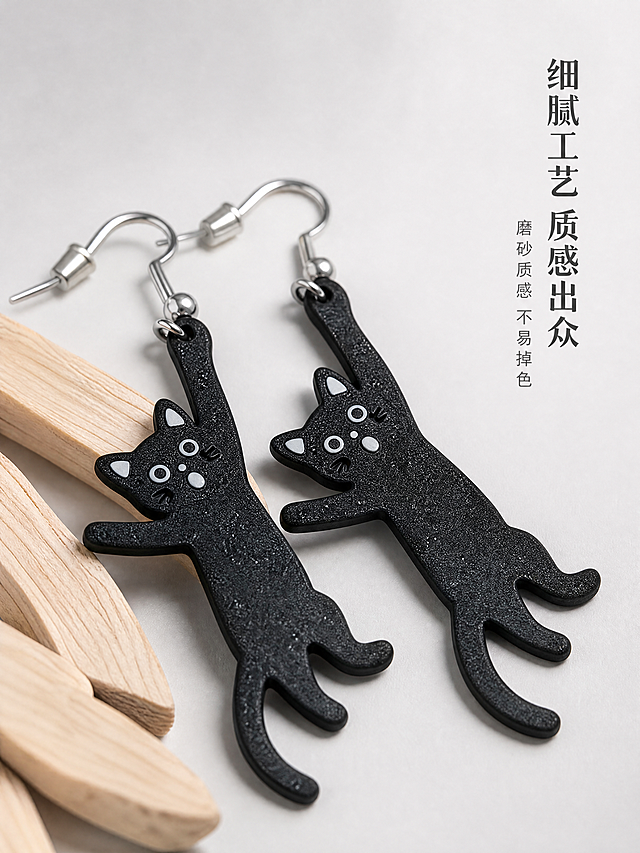[第3屏] 细节材质展示，产品是悬挂小黑猫造型小猫耳钉，展示产品细节工艺。
[氛围/风格] 微距特写质感风，简约高级，突出材质细节。
[元素布局] 小猫耳钉整体放在画面中心，对黑猫身体部位和耳钩位置做微距放大展示，保持黑色磨砂纹理质感、表情细节、银色耳钩光泽、结构颜色与原图一致。背景为浅灰色渐变卡纸，左下方点缀浅原木片装饰，右上方留白放文字，主体占画面约70%。
[光影质感] 侧光打亮磨砂纹理，突出颗粒质感，银色耳钩产生清晰高光反射，阴影柔和自然，细节清晰可见。
[配色色系] 全局底色：#F0F0F0（浅灰）；主体：黑色小猫+银色金属；辅助：原木浅棕；文字：深灰。
[视角构图] 斜侧45度微距特写，景深较浅突出主体细节，背景干净。
[文字版式] 右上方标题“细腻工艺 质感出众”竖排排列，下方标注“磨砂质感 不易掉色”小字，文字不遮挡小猫核心细节区域。
[比例分辨率] 3:4竖版比例，4K分辨率，文字清晰可辨。
[负向提示词] 细节模糊，纹理失真，颜色偏差，结构变形，文字错乱，背景杂乱。