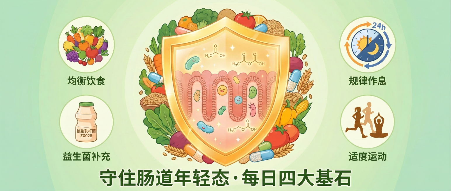 修正四个圆形图标下方的文字，左上角蔬果图标下方文字改为“均衡饮食”，右上角24h昼夜时钟图标下方文字改为“规律作息”，左下角益生菌饮品图标下方文字改为“益生菌补充”，右下角运动人物图标下方文字改为“适预览效果
