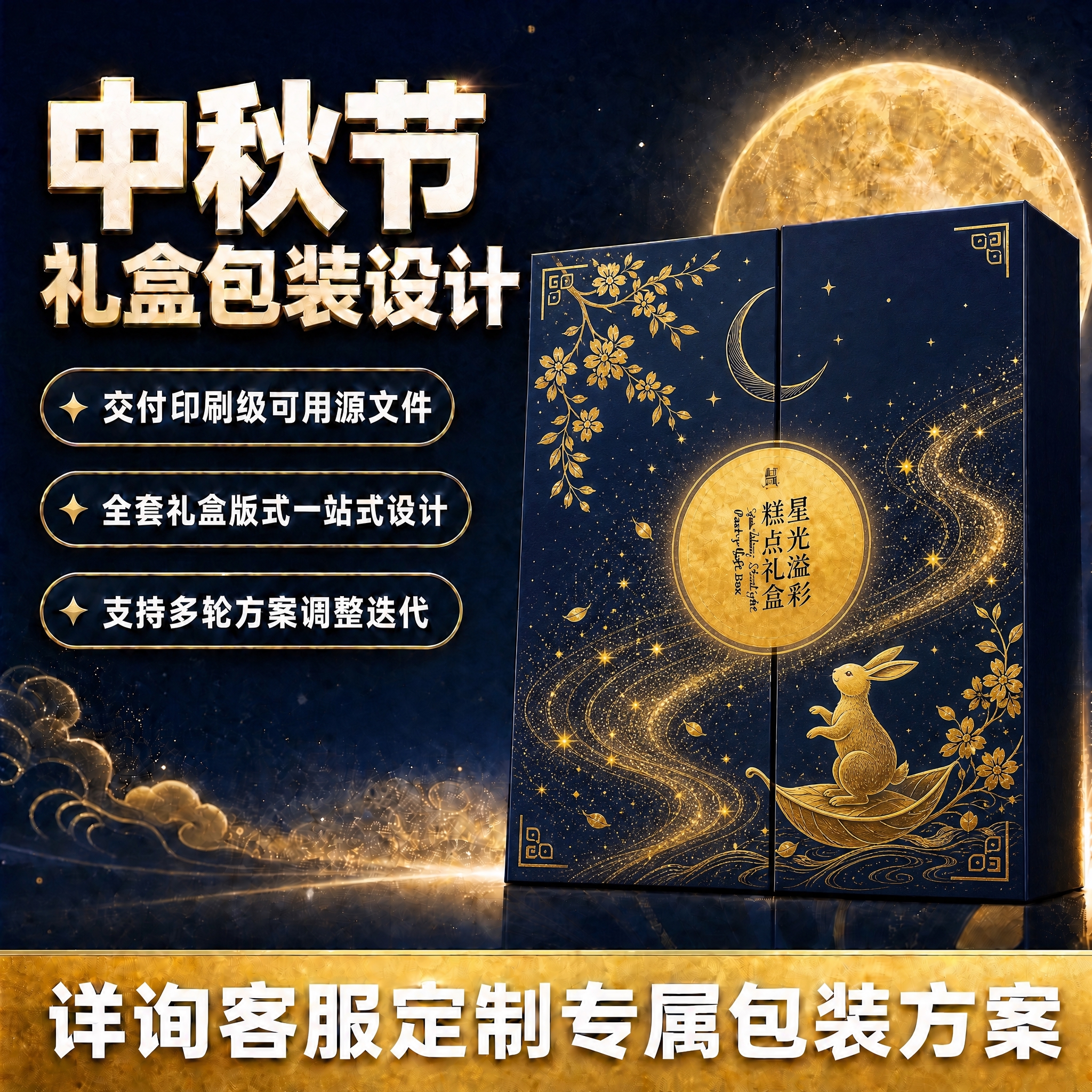 重新设计右侧礼盒表面的花纹，保持深蓝金高端配色和整体画面布局不… - 图片创意预览