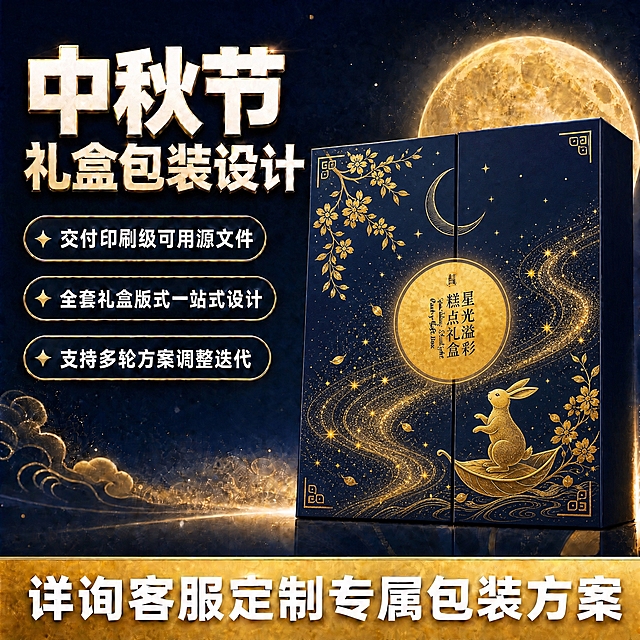 重新设计右侧礼盒表面的花纹，保持深蓝金高端配色和整体画面布局不变，左侧文字、背景、月亮、底部通栏全部保留原样不动，只重新设计礼盒表面图案，核心元素为月兔、银河、桂花，要求有创意。

【全新创意花纹设计——月兔乘舟渡银河】
1. 整体创意概念：一只金色月兔乘坐桂花叶小舟，在璀璨的银河中漂流，浪漫又有中秋意境，画面叙事感强
2. 银河表现：盒面中下部用大量细腻的金色星点和流动的金色光带组成斜向流淌的银河，星点疏密有致，光带如河流般蜿蜒，从左下向右上流动，银河中有淡淡的金色云雾感，层次丰富但不杂乱
3. 月兔设计：银河中有一只精致的金色月兔，站立在一片桂花叶形状的小舟上，玉兔姿态优雅，前爪轻抬，仿佛在仰望星空，玉兔造型灵动可爱，细节精致，位于画面偏右下位置，是视觉焦点之一
4. 桂花元素：
   - 月兔乘坐的小舟本身就是一片大桂花叶造型，叶脉清晰
   - 银河两岸（盒面左上和右下）各伸出几枝金色桂花枝，花朵繁密，枝条自然垂落或伸展，部分花瓣仿佛正飘落在银河中
   - 飘散的金色桂花花瓣星星点点分布在银河中，与星光融为一体
5. 中央圆形徽章保留，徽章设计成一轮满月的样子，徽章边缘有淡淡的金色光晕，仿佛银河上方的明月，徽章内文字不变
6. 整体构图：左上桂花枝 + 中央满月徽章 + 右下月兔乘舟 + 斜贯画面的银河星带，形成对角线构图，有故事感和流动感，元素融合自然，创意独特，既有中秋传统元素又有浪漫奇幻感
7. 花纹全部为金色线条+金色颗粒质感，层次分明，深蓝底色衬托金色，高级感强

【礼盒其他不变】盒型结构、深蓝底色、立体视角、光影质感、大小位置均与原图一致，只重新设计表面花纹。

【其他元素全部保留】左侧主标题、三个卖点胶囊、背景圆月星光祥云、底部金色通栏文字全部保持原样不动。

【比例分辨率】1:1正方形，2048*2048，2K分辨率，花纹细节清晰，创意感强。

【负向提示词】禁止改变左侧文字、禁止改变背景、禁止改变盒型结构、禁止变形、禁止水印、禁止错字、禁止模糊、禁止杂乱