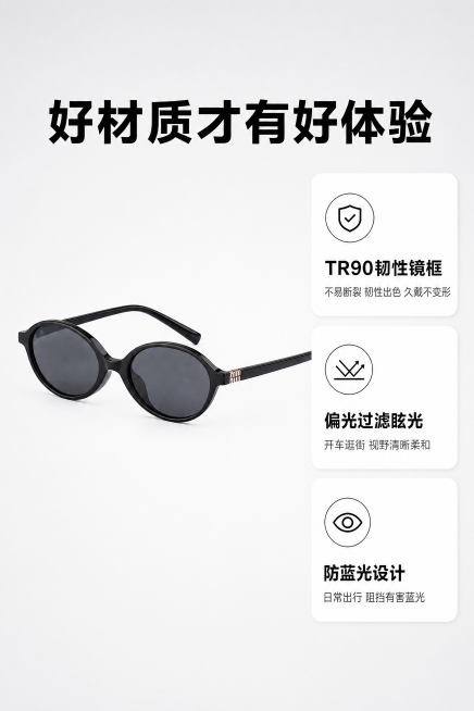 [第3屏] 卖点解析页-亮黑框灰片复古圆框太阳镜突出TR90材质优势。
[氛围/风格] 直白通透卖点展示风格，拼多多高性价比质感，干净清晰商业图文版式。
[元素布局] 画面左侧放置太阳镜整体实物图，右预览效果