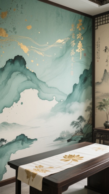 中国传统水墨画风格室内场景，以青绿色为主色调，辅以淡雅的米色和金色点缀，背景墙面呈现流动的青绿色水墨晕染效果，点缀金色的飘逸线条和泼溅纹理，墙面上有金色的书法文字若隐若现，前景中深色木质书桌铺设带有金色莲花纹样的米白色桌旗，整体画面营造出宁静雅致、富有东方韵味的氛围，光影柔和，色彩过渡自然，兼具水墨的灵动与工笔的细腻质感，融入远山、云雾等自然景观元素，呈现出清幽淡泊的中式意境。预览效果