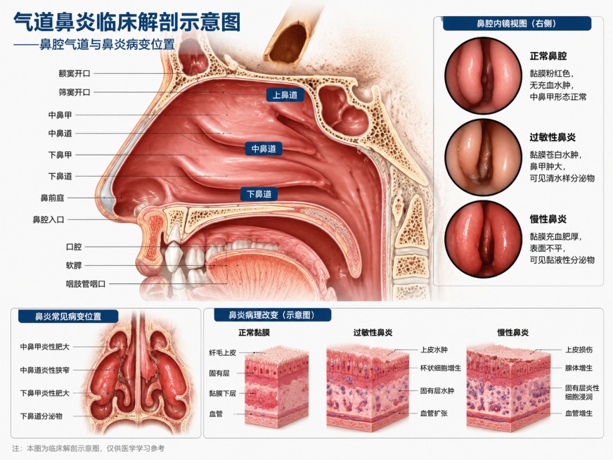气道鼻炎临床医学解剖示意图，展示鼻腔气道与鼻炎病变位置，专业医学风格，清晰标注病理结构预览效果