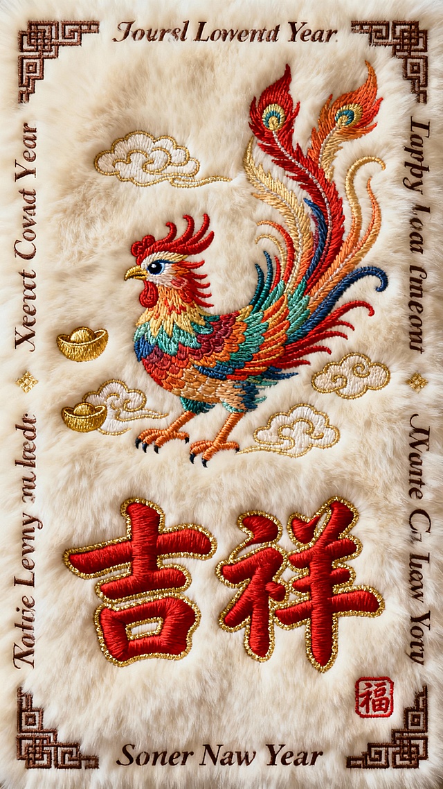 在米白色毛绒质感的背景上，采用中国传统刺绣工艺，中央是一只色彩鲜艳的吉祥瑞兽（例如：身披五彩羽毛的凤凰，尾部飘逸，眼神灵动），瑞兽周围点缀着金色的祥云和元宝图案。画面下方是红色立体刺绣的“吉祥”二字，字体饱满有力，边缘有精致的金色勾边。四周环绕着中英文祝福语句，中文采用典雅的书法字体，英文为流畅的衬线体，文字颜色为深棕色，与毛绒背景形成和谐对比。角落处装饰有传统回纹图案和红色印章样式的“福”字，整体风格喜庆祥和，充满浓郁的中国传统节日氛围，毛绒材质的柔软质感与刺绣的精细纹理相得益彰，营造出温暖而华丽的视觉效果。