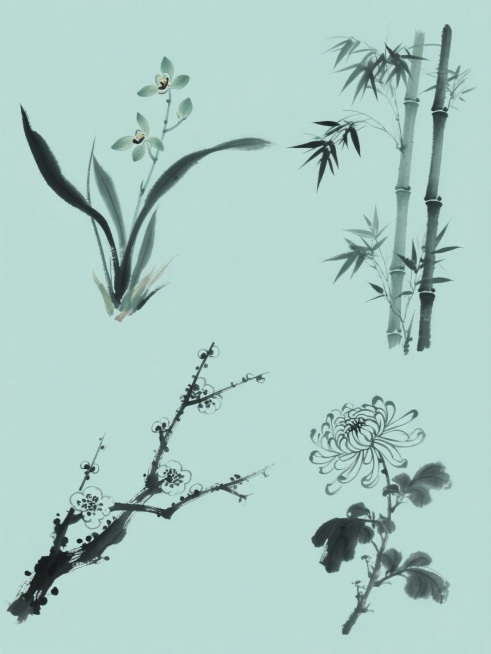 中国水墨画风格，以简约流畅的线条和水墨晕染效果，描绘四种不同植物元素的系列集合：左侧上方为兰花，叶片修长飘逸，花朵淡雅；左侧下方为梅花，枝干苍劲，梅花点缀其间；右侧上方为竹子，竹竿挺拔，竹叶疏密有致；右侧下方为菊花，花瓣舒展，形态自然。整体采用纯色背景，画面整体色彩变换为青绿色调，保持水墨画的笔触质感和留白艺术，元素规整排布，形成同风格、同类目的系列素材。预览效果