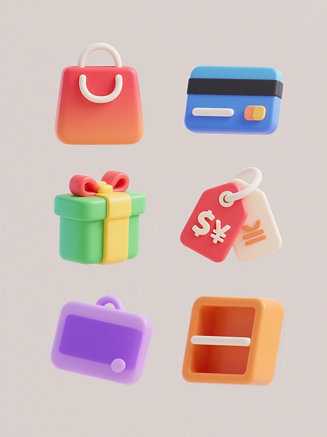 六个不同颜色的购物相关图标组成的系列素材集合，每个图标都采用简约的3D立体风格，带有光滑的渐变表面和柔和的阴影效果，图标边缘圆润，整体呈现出一种现代、活泼的视觉感受，所有图标规整地排列在纯色背景上，保持一致的大小和间距，每个图标都有独特的颜色，分别为红色、蓝色、绿色、黄色、紫色和橙色，每个图标都代表不同的购物元素，包括购物袋、信用卡、礼物盒、优惠券、价格标签和商品货架