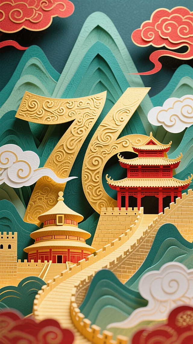 撕纸风融合国潮元素，以鎏金数字“76”为主体，搭配长城、天坛等古典建筑，层叠山峦与祥云环绕，展现中式复古与喜庆氛围，极具体积感与民族韵味。