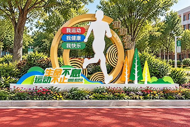 切换为正视图，雕塑正对镜头，正面平视角度，完整展示雕塑正面的所有元素：金色圆环、跑步人物剪影、红蓝绿标语牌、健康步道竖排文字、底部彩色山峦和树木、"生命不息 运动不止"文字等。雕塑立在花台边紧贴红色塑胶步道，保持烤漆光泽质感和立体落差效果，白天明亮自然光，校园绿树背景，真实光影投射，3:2横构图