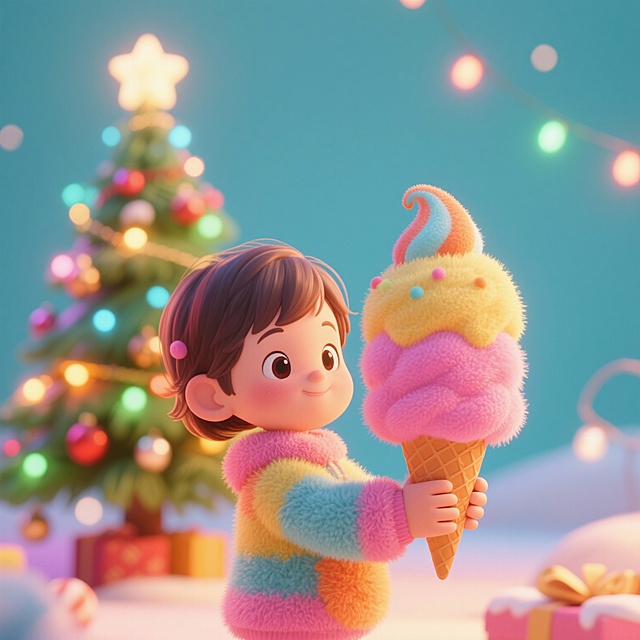梦幻软3D风格，毛发生长质感的卡通儿童手持绒毛冰淇淋，圣诞树与彩灯点缀节日氛围，甜美元素满溢。