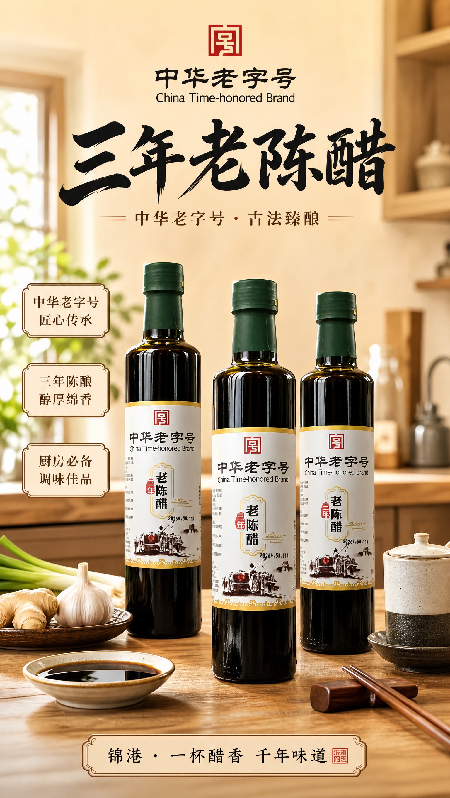 高端温馨家庭厨房展厅风格海报，画面中央陈列着多瓶锦港三年老陈醋… - 图片创意预览