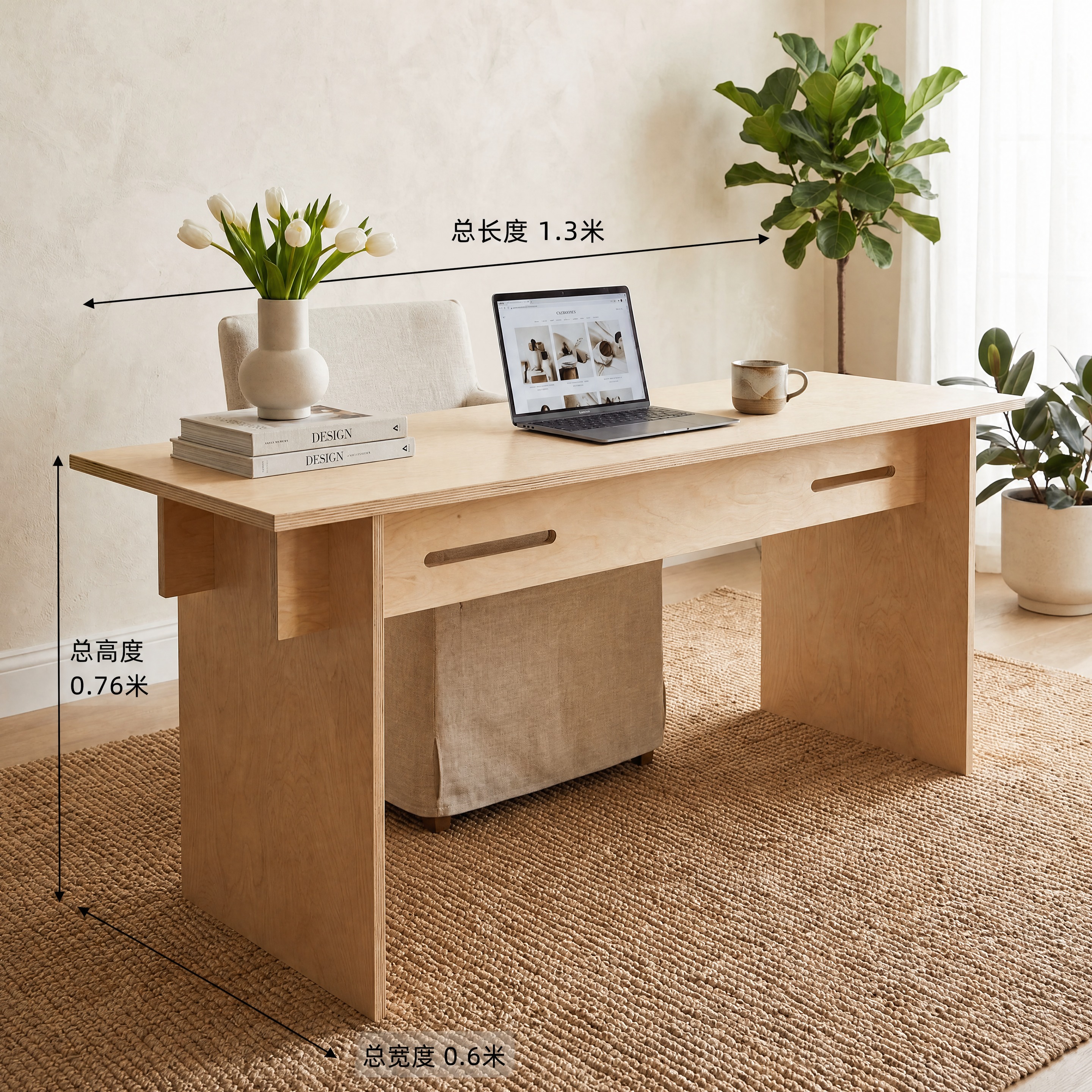 基于上传的书桌场景图，调整书桌长度为1.3米（总宽度0.6米，… - 图片创意预览