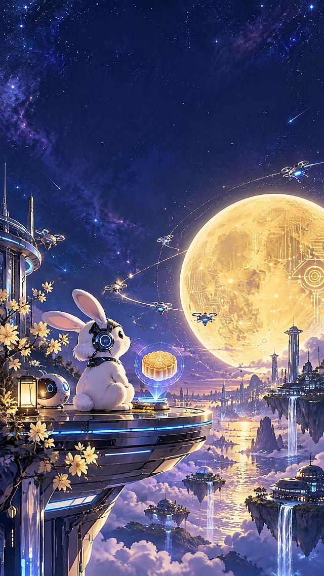 中秋节科技主题平面插画海报，竖版9:16构图，画面顶部预留大面积空白区域用于后期添加文字，画面主体是一只可爱的科技感兔子坐在未来感的悬浮平台上赏月，兔子佩戴着科技感耳机或全息眼镜，身旁有发光的科技装置和漂浮的全息月饼投影，天空中是巨大的发光月球，月球表面有电路纹理和数据流光，周围环绕着发光粒子、无人机和星点光束，背景是深邃的蓝紫色科技星空，整体风格融合传统中秋兔子赏月元素与未来科技感，色调以深蓝、紫色、金色月光为主，氛围温馨梦幻又充满科技感，画面中不出现任何文字，平面插画风格，细节精致，高品质