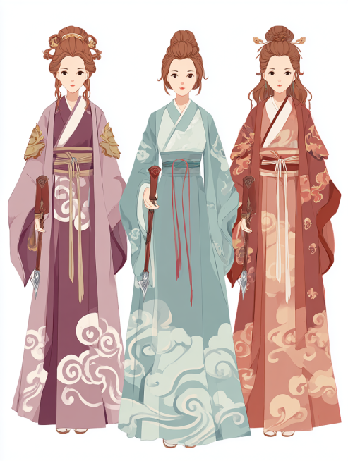 手游角色立绘、全身立绘、角色原画概念，二次元+国风仙侠风格、RPG手游、女剑修、风属性，成熟，不同角色轮廓，不同服装结构，
不同配色方案，不同双剑造型，不同护肩设计，国风仙侠服饰，披风，短袍，云纹，符预览效果