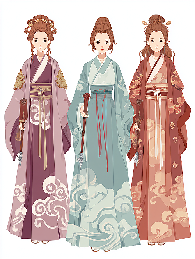 手游角色立绘、全身立绘、角色原画概念，二次元+国风仙侠风格、RPG手游、女剑修、风属性，成熟，不同角色轮廓，不同服装结构，
不同配色方案，不同双剑造型，不同护肩设计，国风仙侠服饰，披风，短袍，云纹，符箓，华丽而不复杂
--style raw --s 150 --chaos 30
--no realistic, photorealistic, 3D render, western fantasy, dark fantasy, heavy armor, gritty, oil painting, thick painting, cyberpunk, sci-fi, chibi, text, logo, watermark