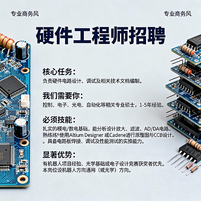 硬件工程师

核心任务：负责硬件电路设计、调试及相关技术文档编制。

我们需要你：控制、电子、光电、自动化等相关专业硕士，1-5年经验。

必须技能：

扎实的模电/数电基础，能分析设计放大、滤波、AD/DA电路。
熟练使用Altium Designer或Cadence进行原理图与PCB设计。
具备电路板焊接、调试及性能测试的实操能力。
显著优势：有机器人项目经验、光学基础或电子设计竞赛获奖者优先。本岗位设机器人方向与通用（或光学）方向。文字生图，保留关键信息