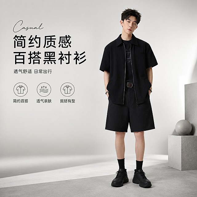 生成男士黑色短袖衬衫抖音主图，走高级氛围感穿搭路线，保持衬衫黑色外观、物理结构、材质质感与输入产品图完全一致，无变形色差，精细化处理。保留原图模特形象，展示正面全身穿搭，人物头部完整不裁切，商品主体占画面约50%位于偏右侧。模特搭配同色系黑色短裤自然站立，采用左文右物场景型版式，左侧大面积留白放置文案，右侧产品展示，底部简洁浅灰色台面承托，右侧点缀少量简约几何装饰元素。背景为低饱和度浅灰白色渐变，干净留白，突出主体，搭配三个简约线框图标展示卖点。左上留白区域左对齐排版：大号中文"简约质感 百搭黑衬衫"，小字一行"透气舒适 日常出行"，下方三个线框图标旁分别标注："简约百搭"、"透气亲肤"、"挺括有型"，主标题旁增加英文手写体装饰词"Casual"，所有文字不遮挡产品主体和模特面部。光影采用柔和正面自然光，主光均匀打亮衬衫和模特，辅光填充阴影，清晰展示衬衫面料纹理，产品轮廓有自然投影，背景虚化浅景深，呈现高级商业摄影质感，光线通透清晰。主色为衬衫黑色，背景浅灰白，文字黑色，字体采用轻无衬线，主标题字号最大，卖点文字缩小一半，留白合理。1:1比例，整体高级氛围感，无变形、文字错乱、产品模糊、背景杂乱、水印、平台logo、错字、遮挡、低清晰度问题。