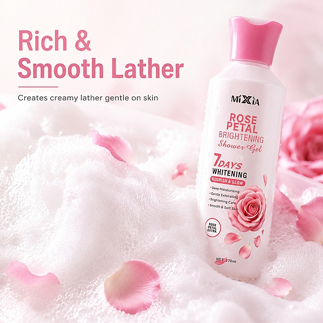 [Main image 3] Texture experience close-up display. [Atmosphere Style] Fresh moist high-definition close-up, emphasis on texture perception. [Picture Quality] Macro commercial photography, fine texture, high resolution, clear texture. [Elements] Close-up of the dense and delicate foam produced by the shower gel, the foam is white and soft, the texture is dense, the light is shining through, a few pink rose petals float in the foam, and the shower gel bottle is placed naturally on the side to guide the sight. Keep the appearance of the product completely consistent with the input image, do not deform. [Light and Shadow] Soft box light, soft light, highlight the fluffy feeling of foam, translucent light-transmitting effect, delicate layers. [Color Matching] Main color is pearl white, light pink embellishment, fresh and bright. [Perspective Composition] Macro close-up, foam as the main visual focus, the product is placed on the side of the picture as an auxiliary, the composition is not monotonous. [Text Layout] Large text highlights "Rich & Smooth Lather", small text description "Creates creamy lather gentle on skin", the text is placed in the upper left corner negative space, which does not block the foam focus. [Proportion Resolution] 1:1 proportion, 2048px*2048px resolution, 2K resolution. [Negative Prompt] Deformation, text disorder, blurred product picture, messy background, watermark, e-commerce platform Logo.