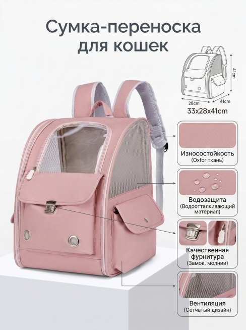 基于参考图生成Ozon电商详情副图，3:4竖版构图，商业产品摄影风格，8K超清，质感细腻，无水印，柔和均匀的无影棚拍光影。主体：粉色宠物双肩包，放置在哑光白低矮展台上，包包轻微45°侧摆，完整展示包型预览效果