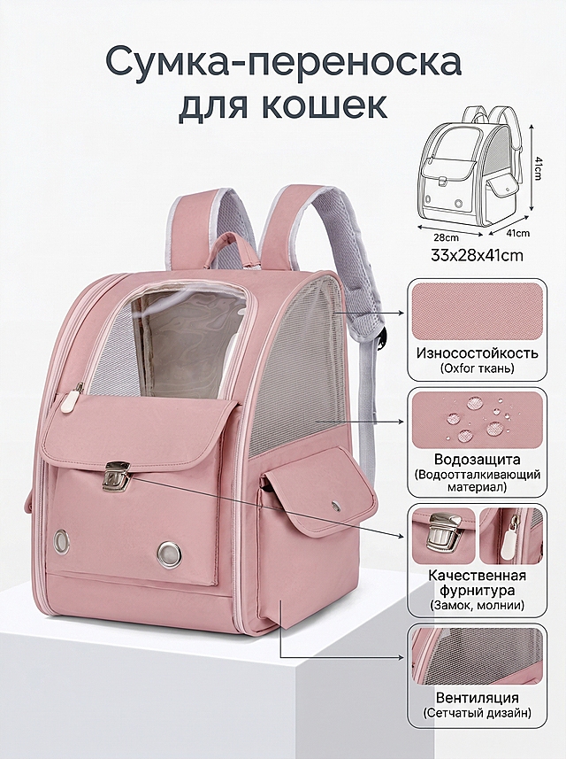 基于参考图生成Ozon电商详情副图，3:4竖版构图，商业产品摄影风格，8K超清，质感细腻，无水印，柔和均匀的无影棚拍光影。主体：粉色宠物双肩包，放置在哑光白低矮展台上，包包轻微45°侧摆，完整展示包型与核心设计。背景：纯白干净背景，无多余杂物。右侧留白区排版：1. 顶部：标准尺寸长宽高示意图，精准标注尺寸：33x28x41cm，清晰醒目；2. 下方：4个等大极简圆角细节框，分区排版、间距宽松，每个框配对应俄文卖点+细箭头引导看点，不堆砌：第一个框："Износостойкость（耐磨，牛津布面料）"，第二个框："Водозащита（防水，防水材质）"，第三个框："Качественная фурнитура（优质五金，拉链配件）"，第四个框："Вентиляция（透气，网面设计）"。文字排版：画面最顶部正中央，用俄区极简黑体深灰大字标注主标题："Сумка-переноска для кошек"。整体要求：留白充足，主次分明，买家一眼看懂产品大小+核心卖点，画面清爽不杂乱，符合俄罗斯Ozon平台电商审美