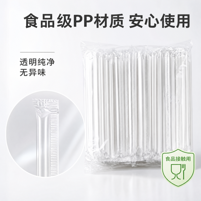[主图-3] 材质安全性展示图。[氛围风格] 简洁干净明亮的电商商业风格，和前两张风格保持统一；[画质] 商业摄影质感、光线柔和通透、产品清晰真实、画面干净高级。[元素] 局部放大单根透明吸管，用侧逆预览效果