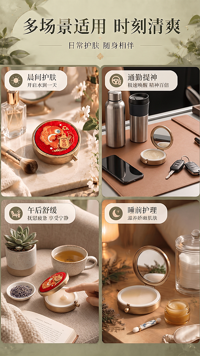四个图分为晨间护肤 通勤提神 午后舒缓 睡前护理