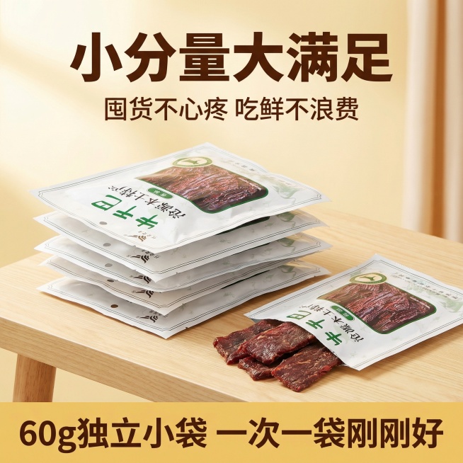 这张图片是产品主体这款产品是牛干吧   我需要设计10张主图在拼多多上面售卖   主图场景布局设计用 整体色调暖色， 显得高级一些  主图文案内容  云南沧源佤山直供 精选半野生放养高峰黄牛肉 只取里预览效果