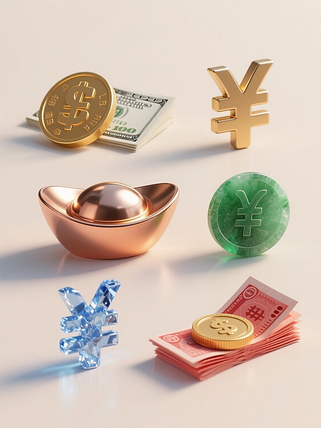 3D渲染风格，六个不同配色、不同样式、不同材质的「钱」造型，包括金色硬币、银色纸币、铜色元宝、绿色翡翠币、蓝色水晶币、红色纸币等，每种造型材质感鲜明，表面光泽细腻，光影效果柔和，高光与阴影过渡自然，整体呈现写实的金属、玉石、水晶等质感，排列于浅色背景之上，上下两行整齐对齐排列，构图简洁，视觉焦点突出，设计感强，适合作为金融主题海报核心视觉元素。