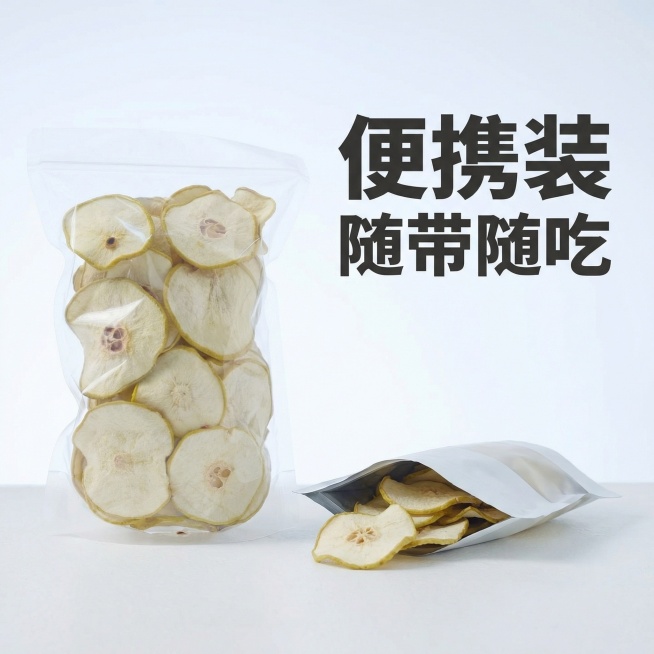 将背景替换为简洁的白色桌面，添加一个打开的便携袋，突出"便携装 随带随吃"的卖点，文字清晰醒目，留白透气预览效果