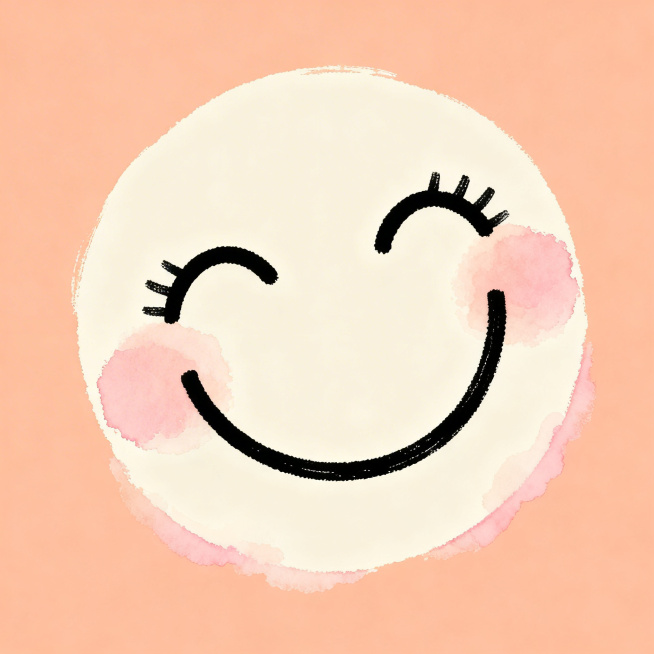 暖桃色背景#FFE5D9，手绘简笔笑脸，米白色脸部，黑色线条勾勒轮廓，线条粗细有变化，弯弯笑眼带睫毛，淡粉色腮红边缘柔和模糊像水彩，整体轻微倾斜，极简可爱，无噪点纹理，干净手绘风格，扁平设计预览效果