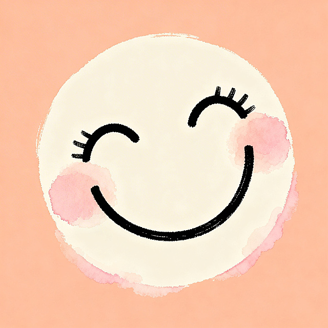 暖桃色背景#FFE5D9，手绘简笔笑脸，米白色脸部，黑色线条勾勒轮廓，线条粗细有变化，弯弯笑眼带睫毛，淡粉色腮红边缘柔和模糊像水彩，整体轻微倾斜，极简可爱，无噪点纹理，干净手绘风格，扁平设计