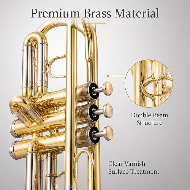[主图-3] Material and craft detail main image focusing on brass material and surface treatment. [氛围风格] High-end, textured, highlighting material quality. [画质] Macro commercial photography, clear texture, high definition. [elements] The trumpet tube and valve structure part is enlarged to fill 70% of the picture, highlighting the clear brass texture and clear varnish surface treatment. The material luster is naturally displayed under light. A small circle of magnifying glass is placed at the valve connection to magnify the double beam structure details, with description next to it. Low-saturation light gray gradient background, consistent with the overall style. [光影] Side soft light, form clear texture reflection on the metal surface, highlight the delicate varnish finish, natural light and shadow transition. [配色] Light gray background, highlight the gold of brass, text uses dark gray, low contrast but clear. [text layout] All English, top title "Premium Brass Material", right magnifying glass with text "Double Beam Structure", bottom text "Clear Varnish Surface Treatment", simple layout, no occlusion. [proportion resolution] 1:1 ratio, 1K resolution, clear text, super high-definition. [negative prompt] Deformation, blur, texture distortion, text confusion, Chinese characters, watermark.