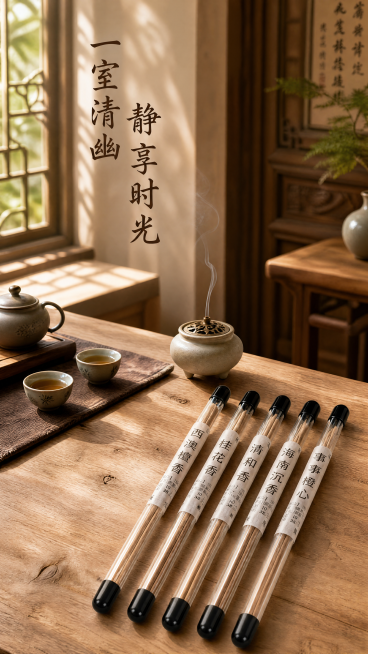 [第5屏] 使用场景展示屏，体现线香使用的禅意氛围感。
[氛围/风格] 禅意新中式实景风，温馨雅致茶室场景，自然光影，氛围感拉满。
[元素布局] 场景主体是古朴茶室桌面，桌面上摆放茶席、品香炉，我们的预览效果