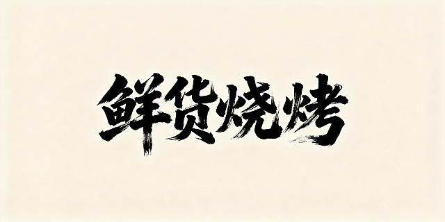 设计四个大气的手写书法字“鲜货烧烤”，毛笔书法风格，苍劲有力，水墨质感，书法字体构图舒展，整体大气有设计感，背景浅米色素雅，突出字体