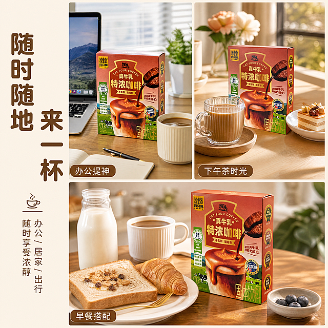 [第4屏] 场景种草-多场景饮用展示。本屏使用【图1】作为产品包装盒展示。
[氛围/风格] 生活方式场景感，温暖治愈，商务+居家双场景，京东风格实用直接。
[元素布局] 画面采用左右分栏+上下小图拼贴布局：左上办公场景-办公桌电脑旁放着一杯咖啡和产品包装盒；右上居家下午茶场景-窗边木桌配咖啡与小点心；下方大区域为早餐场景-面包、牛奶、咖啡杯和产品包装盒同框；产品包装盒在各场景中均清晰可见，外观与输入图一致。
[光影质感] 各场景均为暖调自然光，办公场景偏冷白自然光，居家场景偏暖黄，整体明亮温馨。
[配色色系] 全局底色 #FAF3EB 暖米色；主色咖啡棕 #8B5A2B；辅助色奶白、浅木色。
[视角构图] 2x2 拼图式布局，三场景+一标题区，阅读动线从左上到右下。
[文字版式] 左侧中部竖排主标题「随时随地 来一杯」，副标题「办公/居家/出行 随时享受浓醇」；每个场景下角配小标签：「办公提神」「下午茶时光」「早餐搭配」；圆角黑体，字色深棕。
[比例分辨率] 1:1 方图比例，4K 分辨率，文字清晰可辨，高清画质。
[负向提示词] 包装盒变形，缺件错件，颜色偏差，水印，文字错乱，产品图模糊。