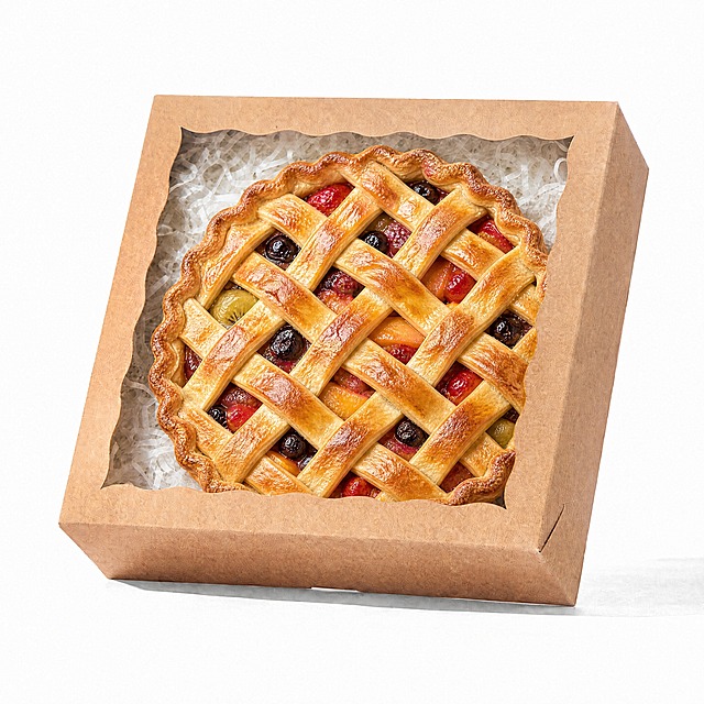 在盒子开窗内的拉菲草上放置一个大的色泽鲜艳的混合水果派，派的顶部是格子编织网格lattice格纹，长条酥皮交错编织成方格，能透过格子缝隙看见里面色泽鲜艳的果肉馅，派烤的微微焦黄色泽诱人。严格保留原图的牛皮纸盒外形、开窗波浪形边缘、白色拉菲草、纯白色背景、光线、光影、色调、材质、构图、景深完全不变，保持真实商业摄影质感，高清，无畸变，产品质感与原图一致，只修改盒子开窗内部内容，不要重绘整张图