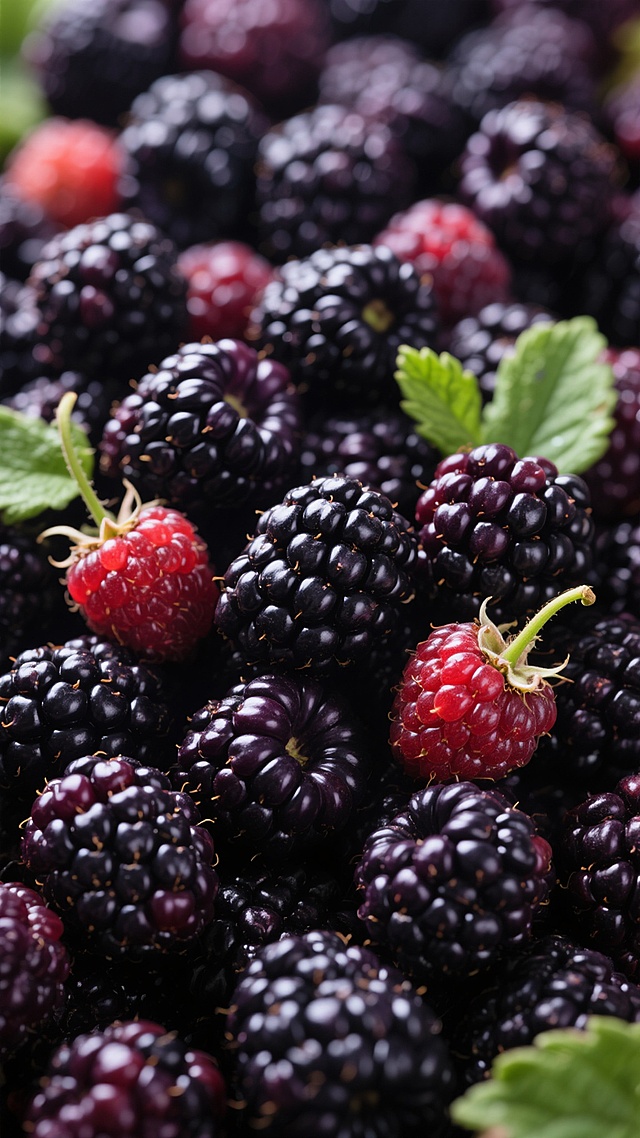 大量饱满多汁的黑莓，大部分呈现深紫近黑色，表面光泽油亮，点缀着几颗半熟的鲜红色黑莓，带有绿色的小叶子和果蒂，整体构图紧密，充满整个画面，光线柔和，突出黑莓的质感和色彩对比，营造出新鲜、自然、饱满的视觉效果。