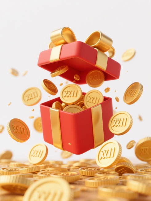 3D立体风格电商促销素材，红色礼盒顶部打开，盒盖呈翻折状态，金色缎带蝴蝶结装饰礼盒，大量金黄色金币从礼盒中涌出，金币表面带有“双11”字样，金属质感强烈，高光与阴影过渡自然，金币边缘有精致的圆形纹路，部分金币悬浮在空中，整体呈现出欢快热烈的电商促销氛围，适合作为电商平台双11活动的装饰素材，白色背景。预览效果