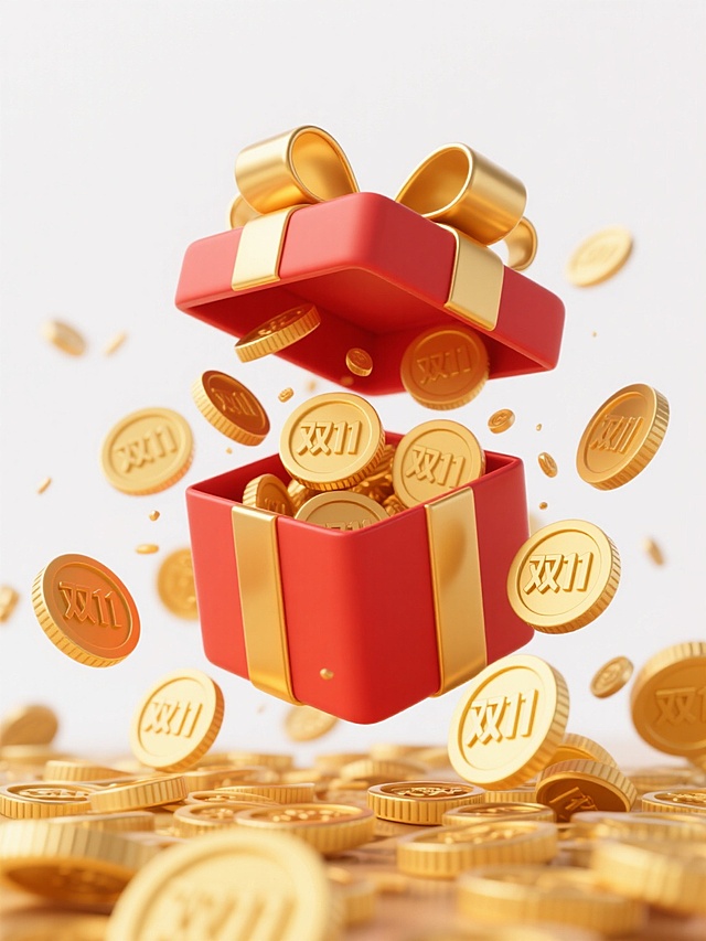 3D立体风格电商促销素材，红色礼盒顶部打开，盒盖呈翻折状态，金色缎带蝴蝶结装饰礼盒，大量金黄色金币从礼盒中涌出，金币表面带有“双11”字样，金属质感强烈，高光与阴影过渡自然，金币边缘有精致的圆形纹路，部分金币悬浮在空中，整体呈现出欢快热烈的电商促销氛围，适合作为电商平台双11活动的装饰素材，白色背景。