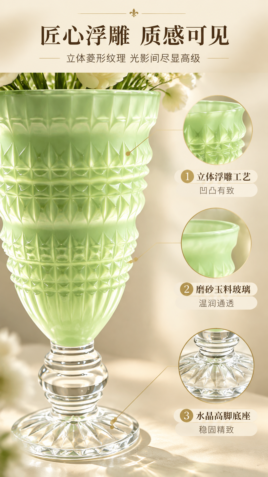 [商品] 使用【图1】薄荷绿浮雕高脚玻璃花瓶（大号）；保留瓶身… - 图片创意预览