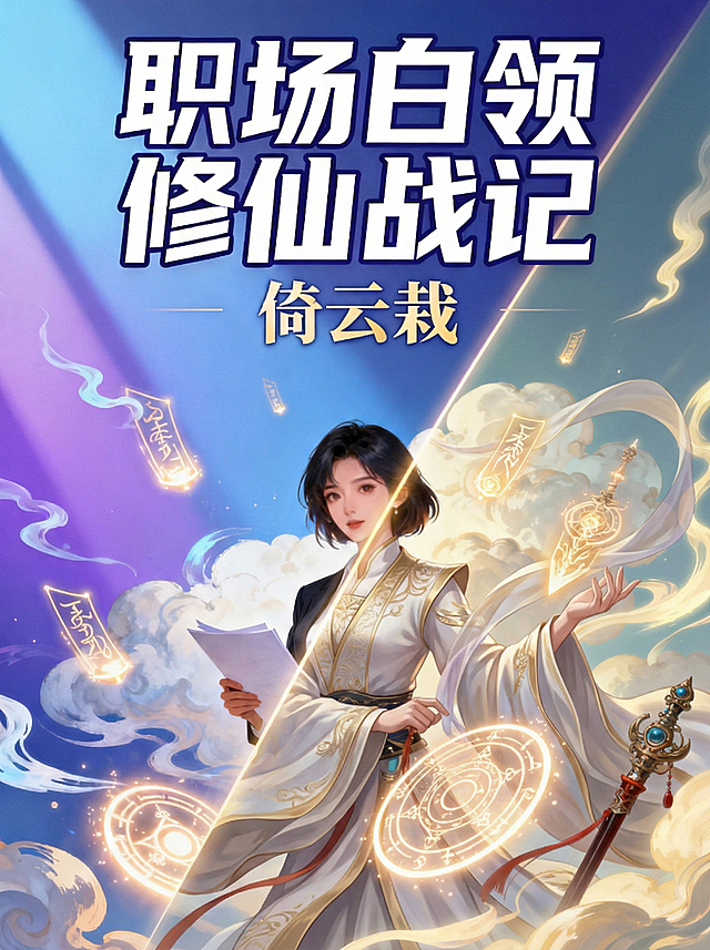 将画面斜切分为两部分，一侧保留原职场白领形象，另一侧添加同脸修仙者形象，保持整体奇幻风格