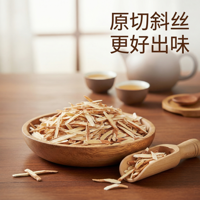 黄芪斜丝电商主图，产品保持参考图外观一致，简约明亮风格，整体提亮。黄芪斜丝盛放在原木木碗中，搭配木勺，背景为新中式茶室木桌面，窗外自然光柔和明亮，营造干净茶饮氛围。文案“原切斜丝 更好出味”，放置在右预览效果