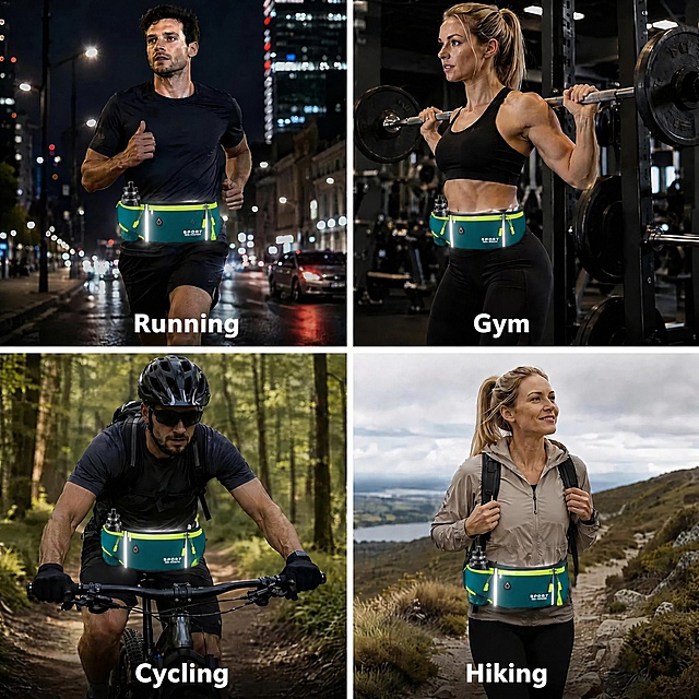 Replace all four waist bags in this 2x2 collage with the teal green version from the reference product: teal green main body with neon fluorescent green zippers and trim, left side water bottle holder with mesh pocket containing transparent sports water bottle with black push-pull cap, reflective silver strips glowing in dark scenes, triangular headphone hole logo, white 'SPORT BEST FASHION' text, adjustable black elastic belt. Top left: city night running with British white male runner, reflective strips glowing, labeled 'Running'. Top right: gym strength training with British white female lifting barbell, labeled 'Gym'. Bottom left: mountain biking with British white male cyclist in forest, labeled 'Cycling'. Bottom right: hiking with British white female on mountain trail, labeled 'Hiking'. Keep all models, scenes, panel layout, and all text labels unchanged. 2x2 grid collage, 8K photorealistic commercial photography.