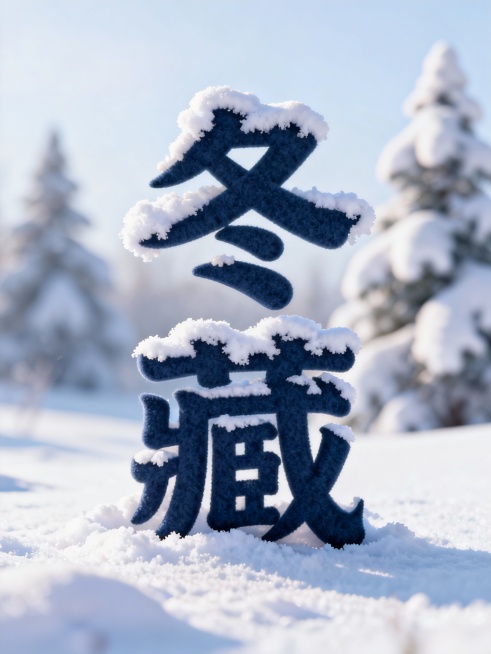 创意字体设计主视觉，“冬藏”二字采用厚重衬线字体，字体表面覆盖一层蓬松的白色绒雪，边缘有自然的积雪堆积感，背景是模糊的冬日雪景，远处有绒感质感的雪松轮廓，字体阴影柔和，突出绒雪与字体的融合层次预览效果