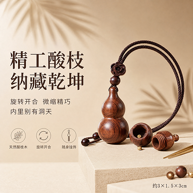 [单张主图] 酸枝木葫芦挂饰（可开合收纳款），高级氛围感路线，淘宝/天猫1:1主图，同时承担点击、理解、信任与转化。

[画面主体] 画面中央偏右位置摆放一只完整的酸枝木葫芦挂饰，配深棕色编织挂绳与梅花形木珠配饰，葫芦主体为天然酸枝木，木纹清晰细腻，色泽沉稳棕红，表面光滑有温润光泽。葫芦旁侧放置一个旋开状态的同款葫芦小部件，展示内部中空可收纳的结构，盖子与主体螺纹严丝合缝。产品外观、材质、颜色、结构必须与输入产品图完全一致，不得变形、变色或增减结构。主体整体占画面约50%。

[构图版式] 采用「左文右物场景型」高级氛围感版式。左侧大面积留白放置标题与卖点，右侧产品放大陈列，底部用浅色木台承托，右侧加入棕榈叶投影作为氛围装饰。

[场景元素] 背景为暖米色渐变墙面与同色系立体台面，左上角有柔和的棕榈叶斜向投影，营造自然光线下的温润静物氛围。产品放置在浅米色方形展示台上，台面上有自然柔和的接触阴影。画面右下角点缀少量散落的小木珠与金色小镊子道具，呼应收纳功能。

[文案版式] 所有文字置于左侧留白区域，不遮挡产品主体。
主标题（大号宋体风，深棕色，两行）：
「精工酸枝」
「纳藏乾坤」
副文案（中号细体，深棕灰，两行）：
「旋转开合 微缩精巧」
「内里别有洞天」
底部3个线稿图标卖点（横向排列，细线图标+短句）：
「天然酸枝木」
「旋转开合」
「随身挂饰」
右下角小字标注尺寸：「约3×1.5×3cm」

[光影质感] 自然光从左上斜射，柔和窗光质感，产品表面有温润的木质高光与细腻纹理表现，阴影柔和不生硬，整体画面低对比度、高质感，浅景深突出主体，背景轻微虚化。

[配色字体] 主色：暖米白、奶咖色；辅助色：酸枝木深棕红；强调色：浅金色。标题用宋体风细衬线字体，副文案用轻无衬线字体，字重克制，靠留白与对齐分层级。

[比例分辨率] 1:1正方形，2K分辨率，文字清晰可辨。

[负向提示词] 产品变形、木纹错乱、结构错误、悬浮、穿模、水印、错字、糊字、伪Logo、背景杂乱、低清晰度、人物、平台Logo、促销价格标签、过度锐化、廉价感。