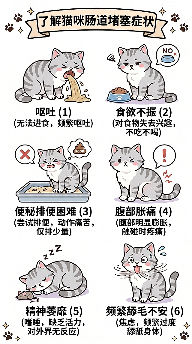 延续参考图的可爱Q版卡通风格，猫咪形象保持不变（灰色虎斑加白猫咪，粉色腮红，粗黑描边，简约扁平插画风格），生成猫咪肠道堵塞的6种症状表现图，画面共包含6个小图，2行3列网格布局，白底背景，每个小图配简单的中文文字说明，文字简洁清晰，整体风格统一可爱，适合宠物科普使用。6个小图分别表现：1. 呕吐 2. 食欲不振 3. 便秘排便困难 4. 腹部胀痛 5. 精神萎靡 6. 频繁舔毛不安